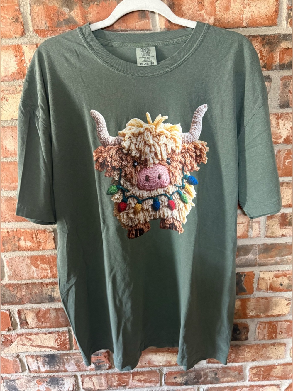 Comfort Colors Moss Green Highland Cow Graphic Tee with Multi-Color Lights